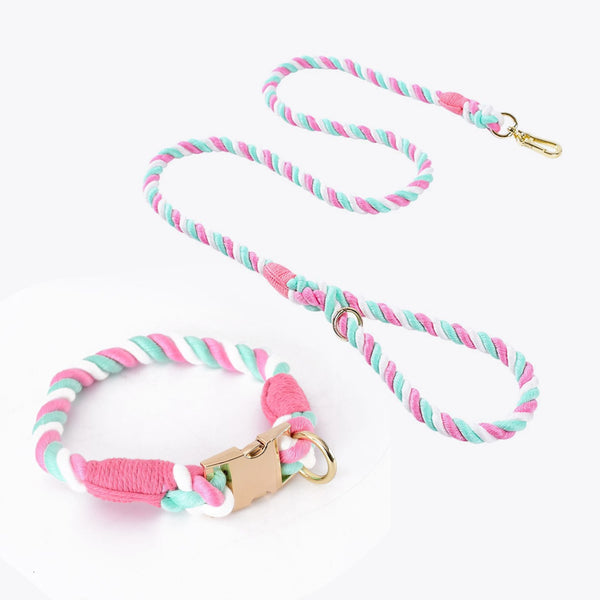Handmade Gradient Rope Dog Collar & Leash Set Colorful Braided Cotton Pink Size M Dog Collars