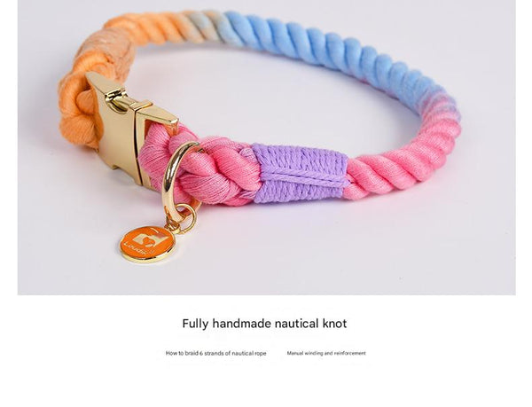 Handmade Gradient Rope Dog Collar & Leash Set Colorful Braided Cotton Pink Size M Dog Collars