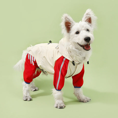 Colorblock (Beige Red) Dog Raincoat Waterproof With Hood And Reflective Strips (Size M) Dog Clothing & Shoes