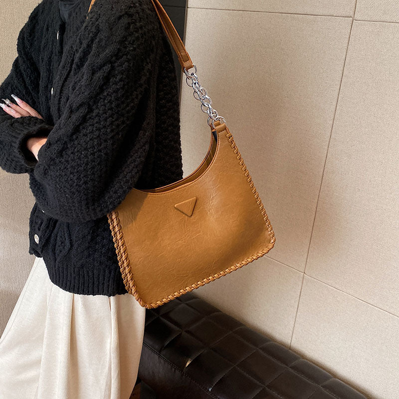 Brown Chic Pu Leather Shoulder Bag With Chain Strap & Whipstitch Detail Women's Bags & Handbags