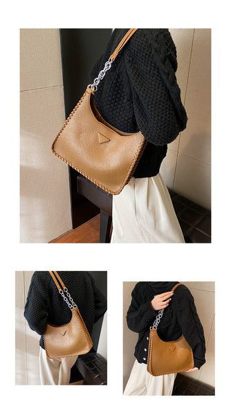 Brown Chic Pu Leather Shoulder Bag With Chain Strap & Whipstitch Detail Women's Bags & Handbags