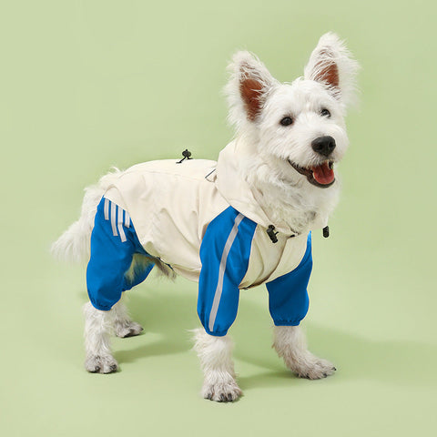 Colorblock (Beige Blue) Dog Raincoat Waterproof With Hood And Reflective Strips (Size S) Dog Clothing & Shoes