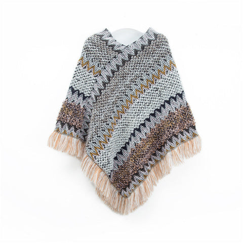 Gray Lightweight Chevron Knit Poncho For Women Elegant Fringed Shawl Wrap Scarves & Wraps