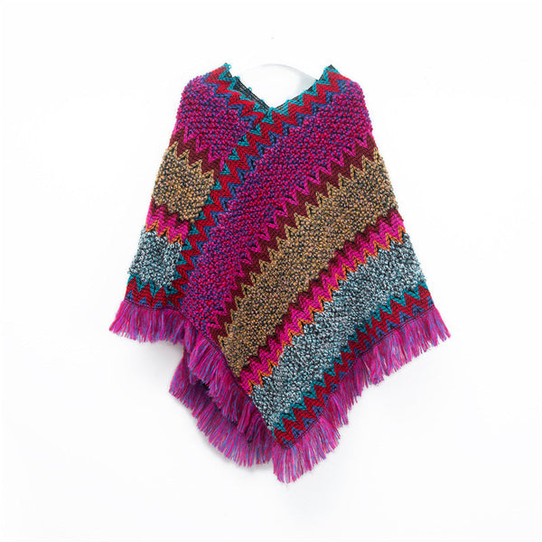 Rose Red Lightweight Chevron Knit Poncho For Women Elegant Fringed Shawl Wrap Scarves & Wraps