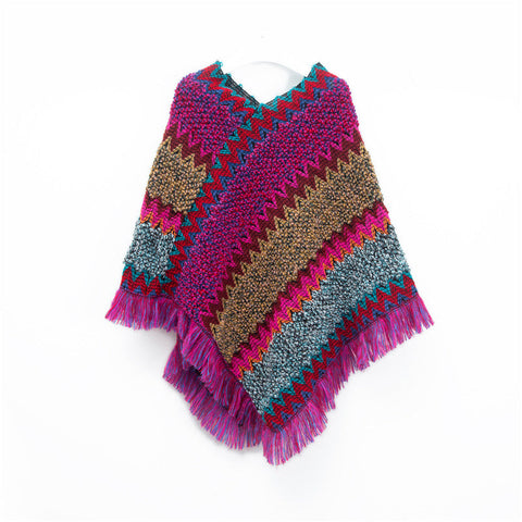 Rose Red Lightweight Chevron Knit Poncho For Women Elegant Fringed Shawl Wrap Scarves & Wraps