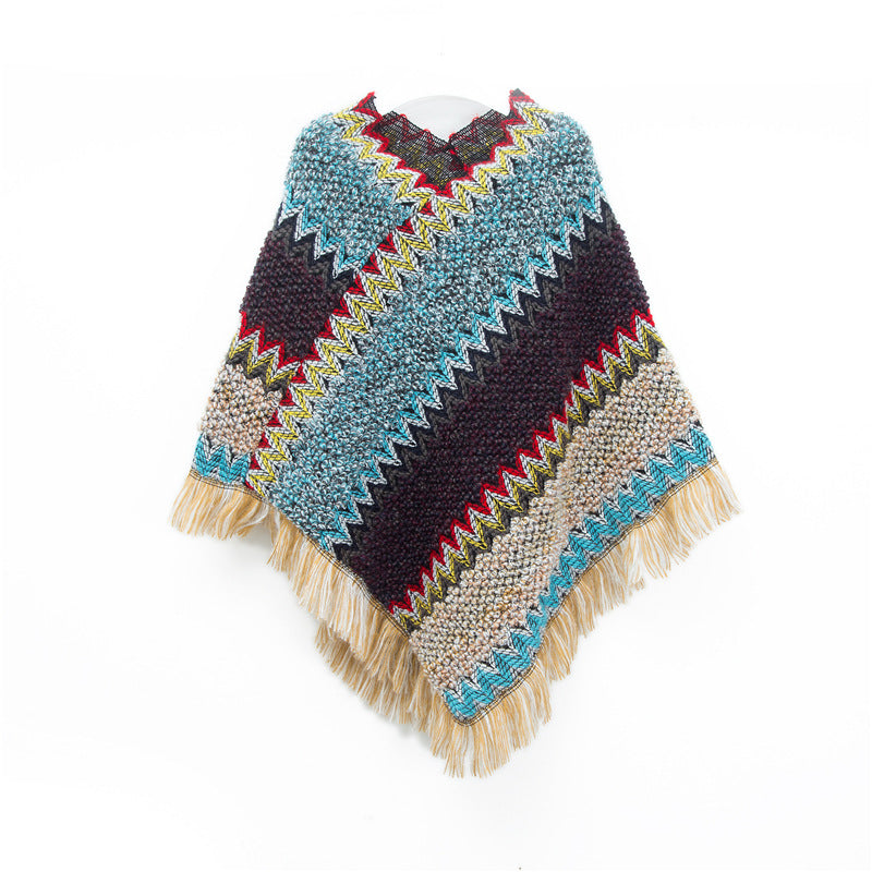 Blue Lightweight Chevron Knit Poncho For Women Elegant Fringed Shawl Wrap Scarves & Wraps
