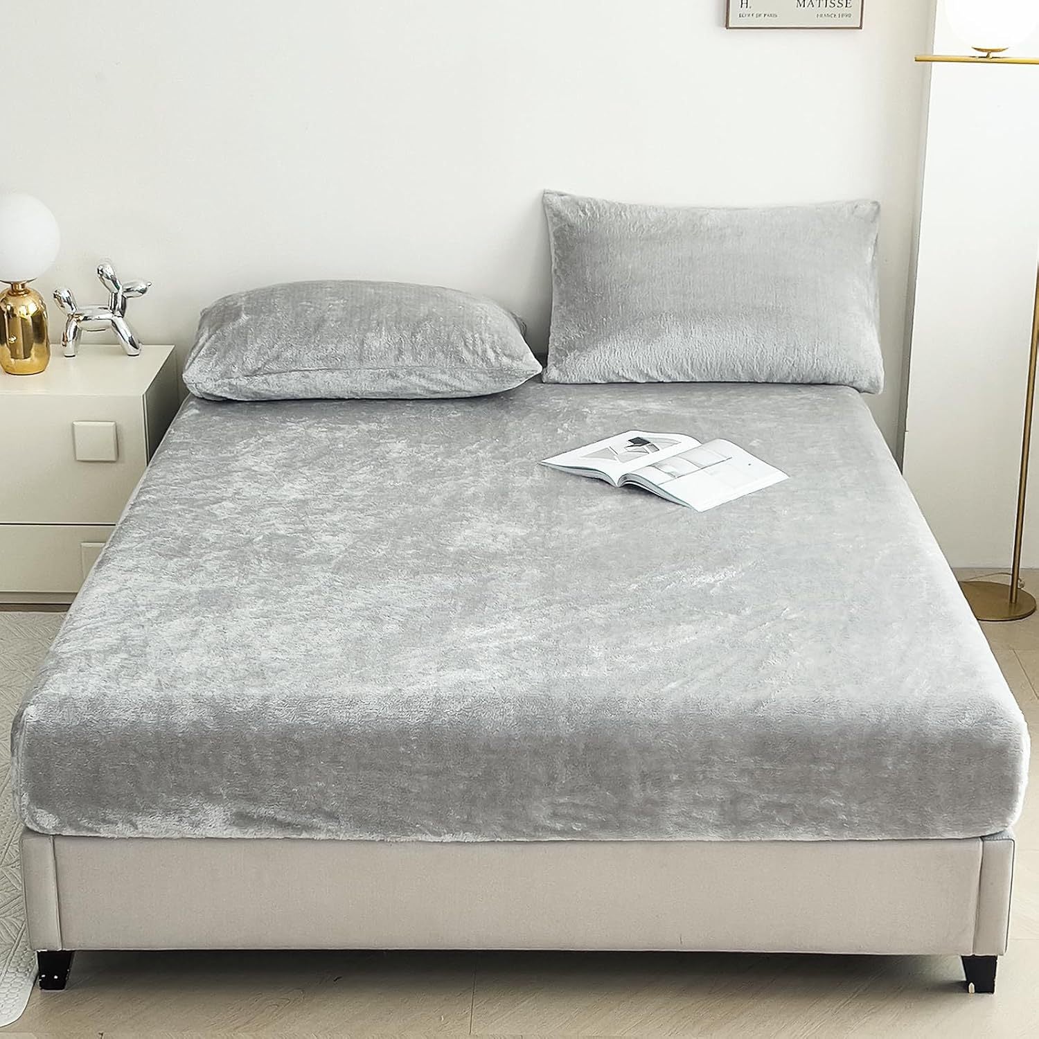 Light Gray Plush Crystal Velvet Fitted Sheet Ultra Soft Warm & Thick For Winter (153X203+36Cm) Sheets