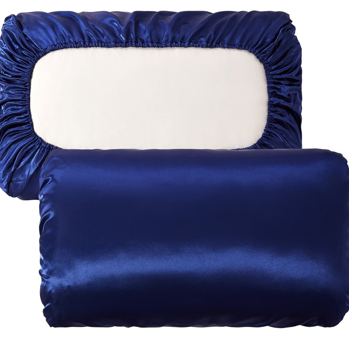 Navy Blue Silky Satin Pillowcase Pair Smooth For Hair & Skin Elastic Fitted (46X70+16Cm) Pillow Cases