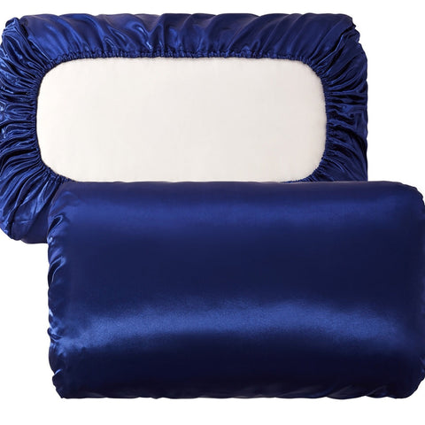 Navy Blue Silky Satin Pillowcase Pair Smooth For Hair & Skin Elastic Fitted (46X70+16Cm) Pillow Cases