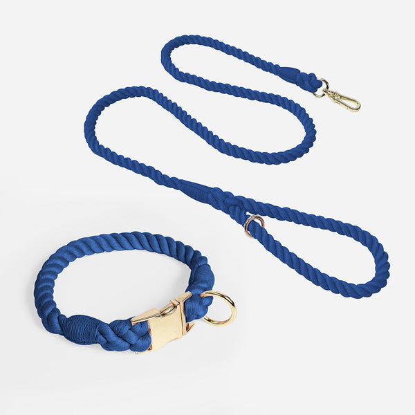 Handmade Rope Dog Collar And Leash Set Colorful Woven Cotton Navy Blue Size Dog Collars