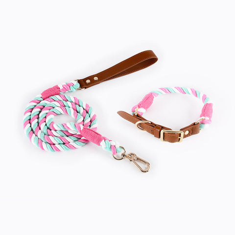 Premium Leather Pet Collar And Leash Soft Strong Braided Rope (Pink Green Size S) Dog Collars
