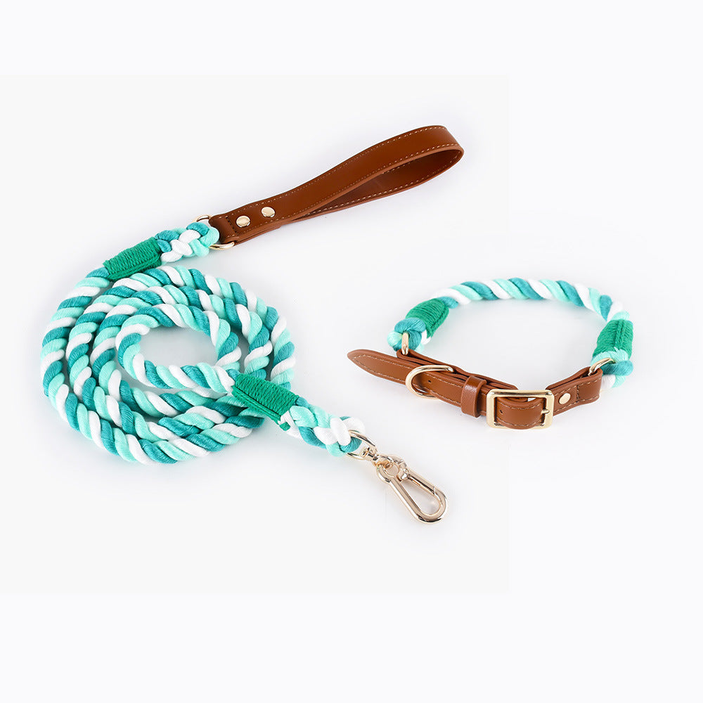 Premium Leather Pet Collar And Leash Soft Strong Braided Rope Double Green Size M Dog Collars