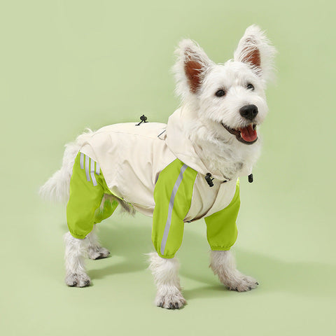 Colorblock (White Green) Dog Raincoat Waterproof With Hood And Reflective Strips (Size M) Dog Clothing & Shoes