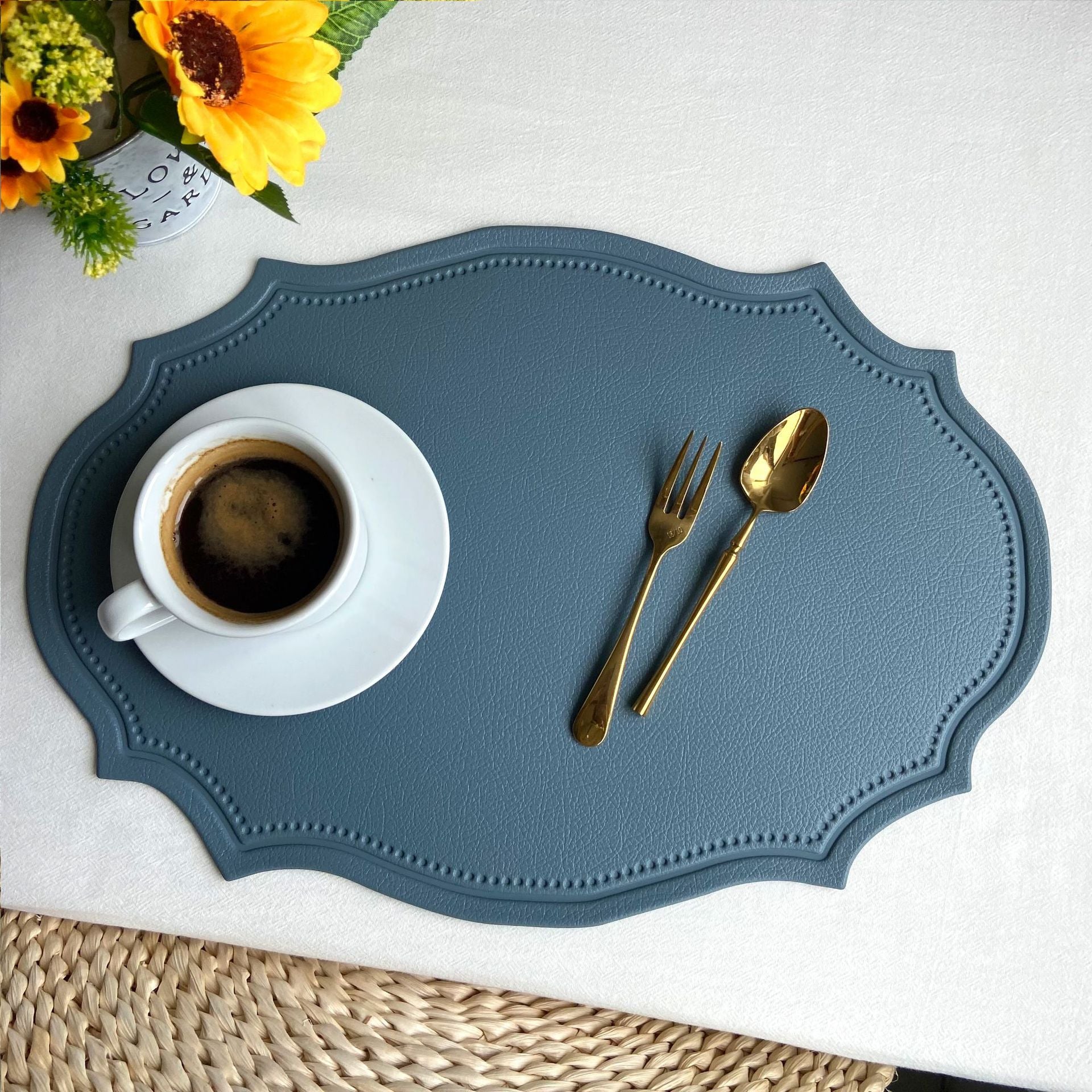 4 Pcs Retro Faux Leather Placemat Waterproof & Oil Proof Dining Table Mat (Light Blue) Placemats