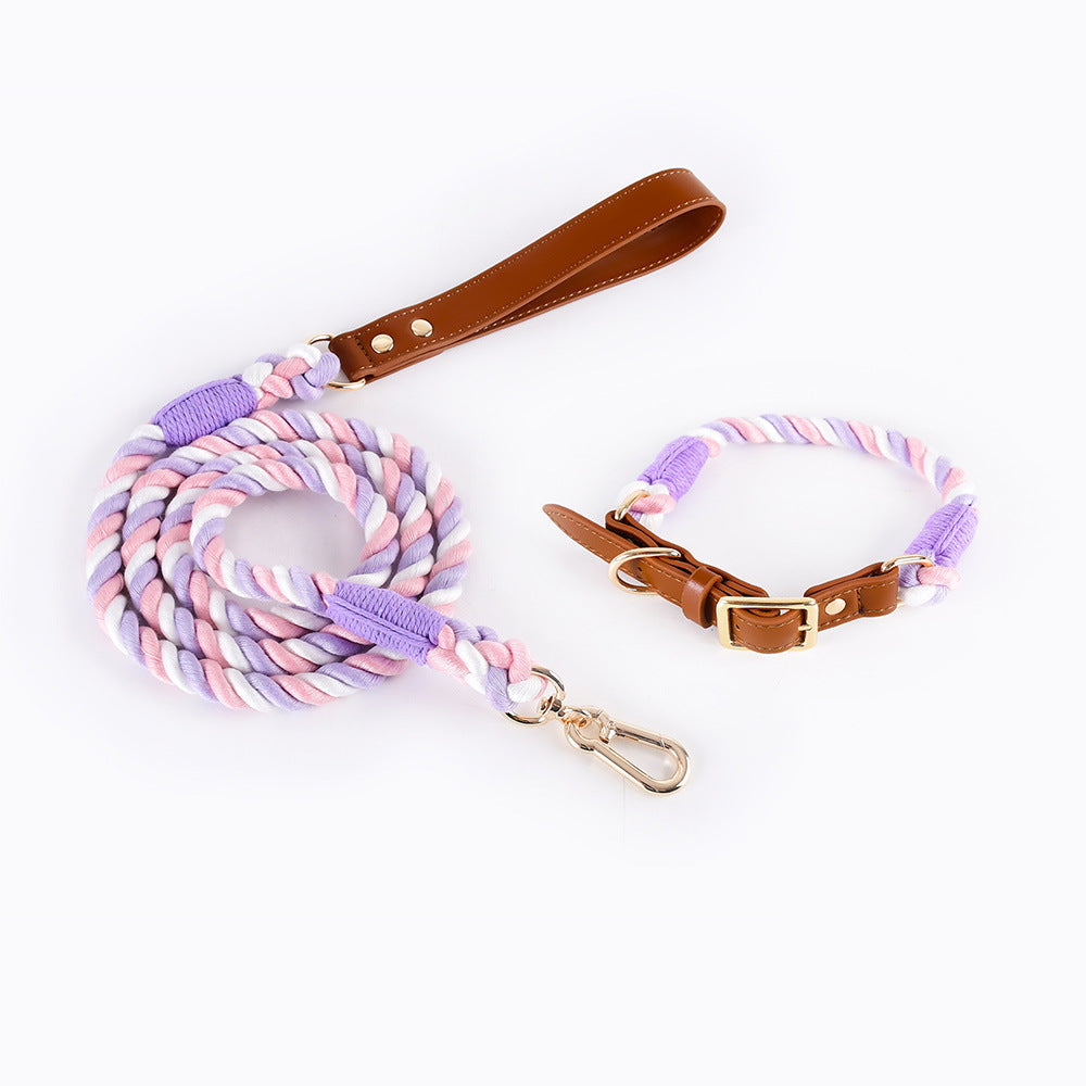 Premium Leather Pet Collar And Leash Soft Strong Braided Rope (Pink Purple Size S) Dog Collars