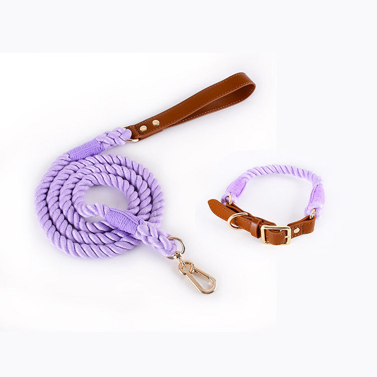 Premium Leather Pet Collar And Leash Soft Strong Braided Rope (Purple Size M) Dog Collars