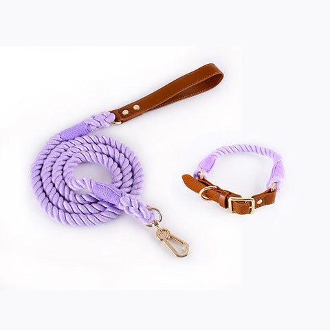 Premium Leather Pet Collar And Leash Soft Strong Braided Rope (Purple Size L) Dog Collars