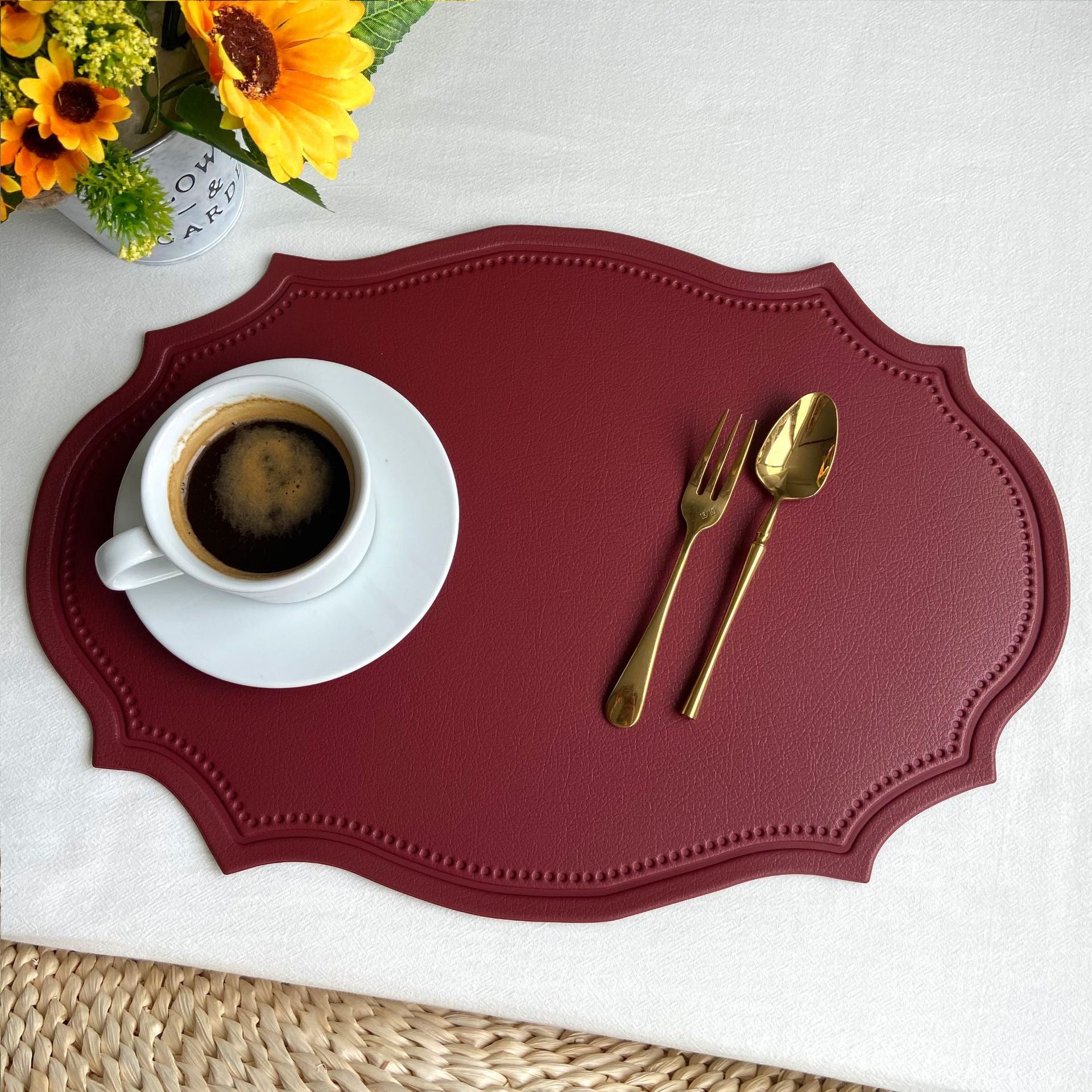 4 Pcs Retro Faux Leather Placemat Waterproof & Oil Proof Dining Table Mat (Wine Red) Placemats