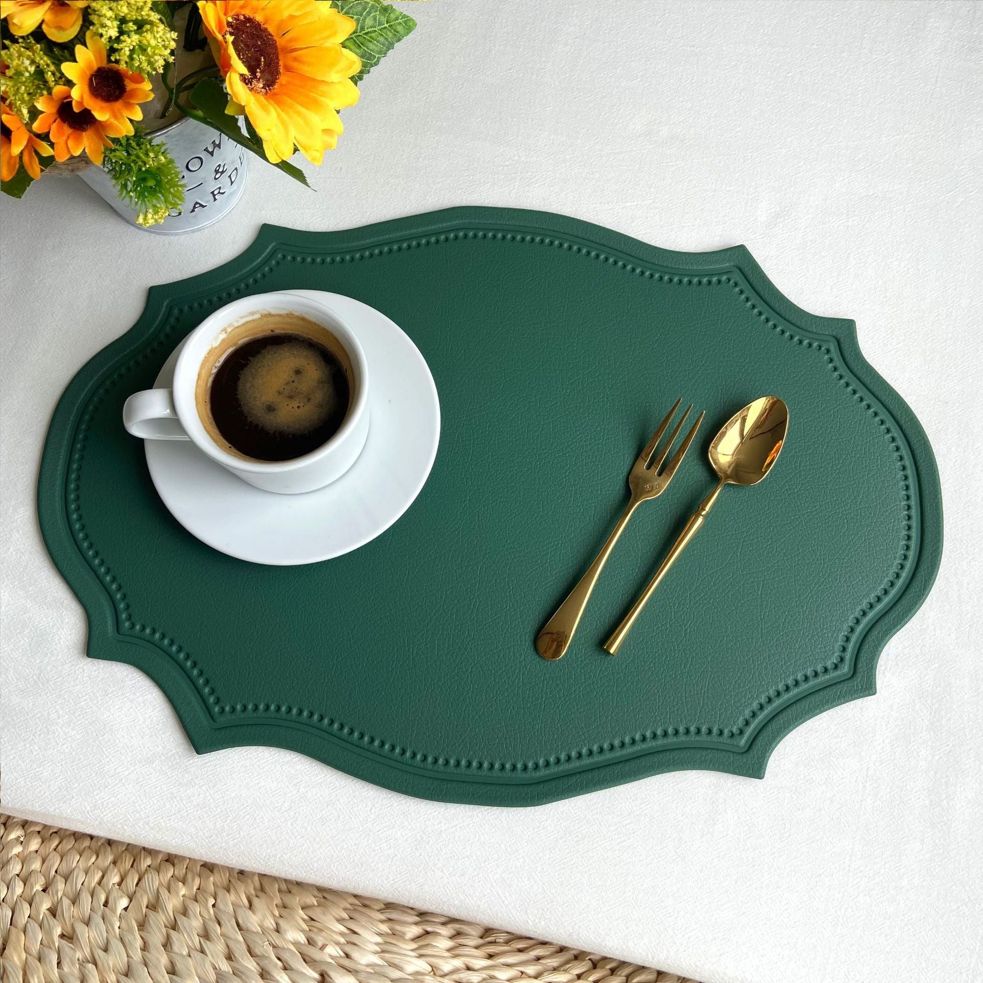 4 Pcs Retro Faux Leather Placemat Waterproof & Oil Proof Dining Table Mat (Dark Green) Placemats