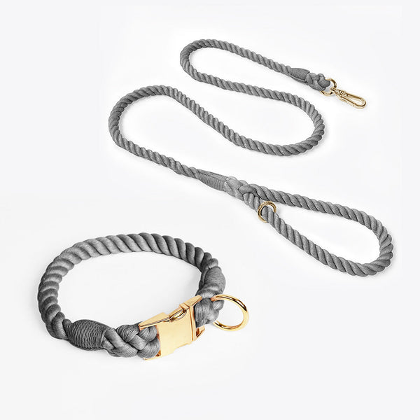 Handmade Rope Dog Collar And Leash Set Colorful Woven Cotton Dark Gray Size M Dog Collars