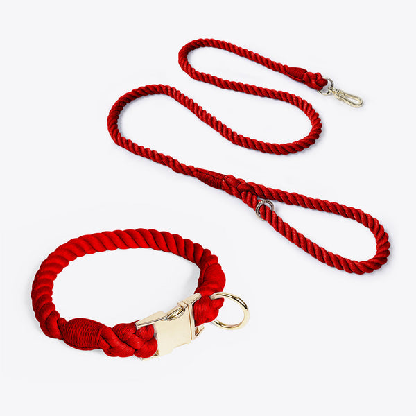 Handmade Rope Dog Collar And Leash Set Colorful Woven Cotton (Wine Red Size M) Dog Collars