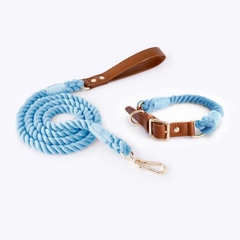Premium Leather Pet Collar And Leash Soft Strong Braided Rope (Sky Blue Size S) Dog Collars