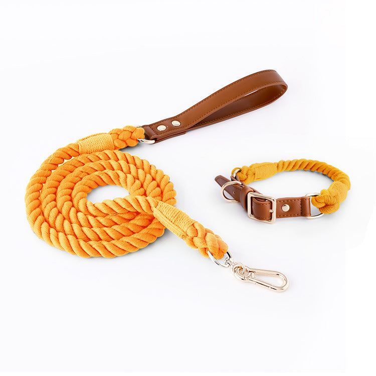 Premium Leather Pet Collar And Leash Soft Strong Braided Rope Honey Orange Size Dog Collars