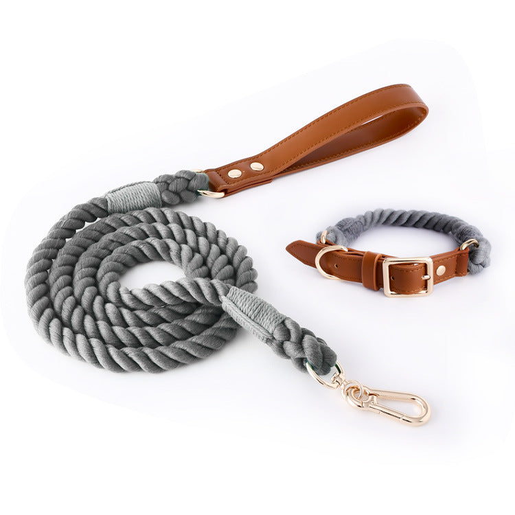 Premium Leather Pet Collar And Leash Soft Strong Braided Rope Dark Gray Size Dog Collars