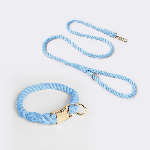 Handmade Rope Dog Collar And Leash Set Colorful Woven Cotton (Sky Blue Size M) Dog Collars