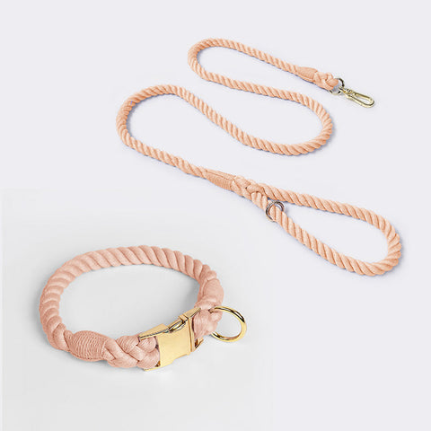 Handmade Rope Dog Collar And Leash Set Colorful Woven Cotton Leather Pink Size M Dog Collars
