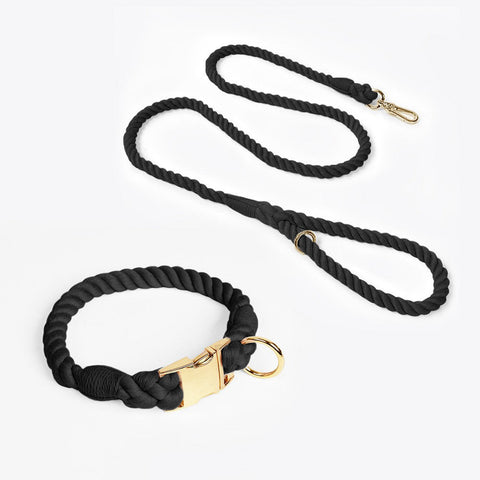 Handmade Rope Dog Collar And Leash Set Colorful Woven Cotton Black Size M Dog Collars