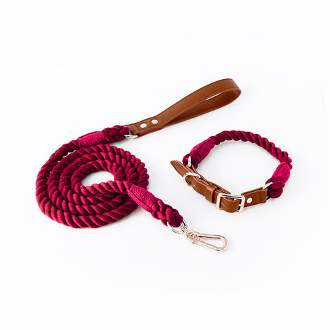 Premium Leather Pet Collar And Leash Soft Strong Braided Rope (Wine Red Size M) Dog Collars