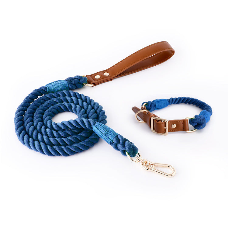 Premium Leather Pet Collar And Leash Soft Strong Braided Rope Navy Blue Size Dog Collars