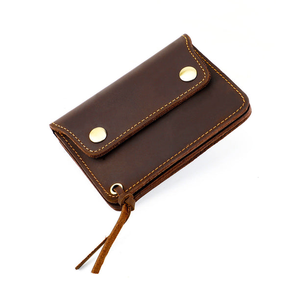 Coffee Handmade Crazy Horse Leather Wallet Compact Card Holder & Zippered Coin Purse With Snap Closure Wallets