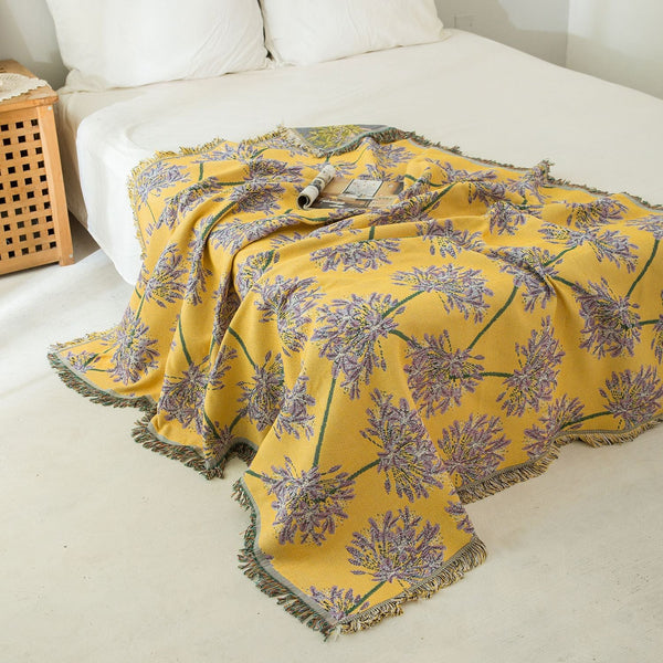 Yellow Purple Floral Woven Throw Blanket Chic Botanical Print With Tassels Cotton Blend Sofa Bed Cover Blankets