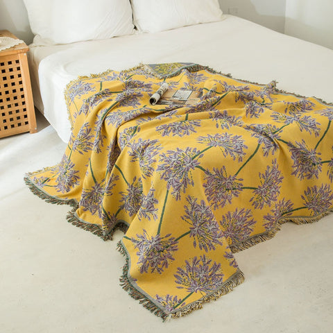 Yellow Purple Floral Woven Throw Blanket Chic Botanical Print With Tassels Cotton Blend Sofa Bed Cover Blankets