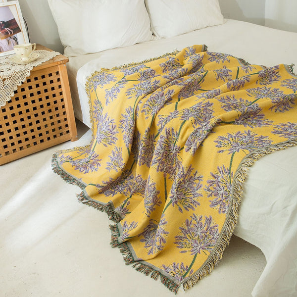 Yellow Purple Floral Woven Throw Blanket Chic Botanical Print With Tassels Cotton Blend Sofa Bed Cover Blankets