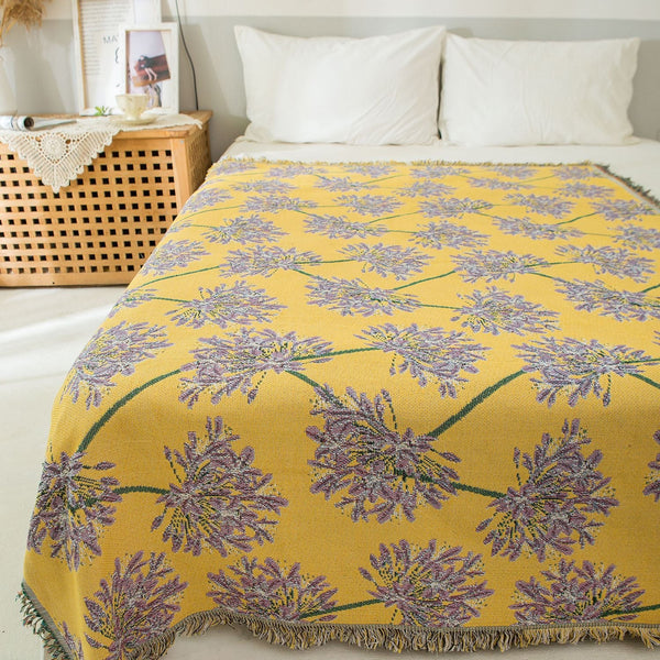 Yellow Purple Floral Woven Throw Blanket Chic Botanical Print With Tassels Cotton Blend Sofa Bed Cover Blankets