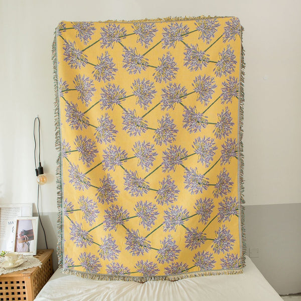 Yellow Purple Floral Woven Throw Blanket Chic Botanical Print With Tassels Cotton Blend Sofa Bed Cover Blankets