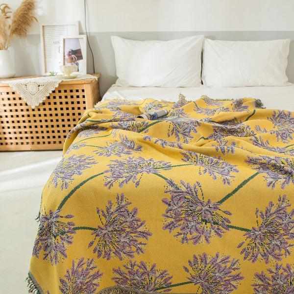 Yellow Purple Floral Woven Throw Blanket Chic Botanical Print With Tassels Cotton Blend Sofa Bed Cover Blankets