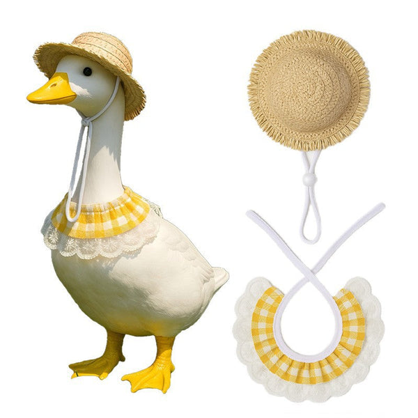 Khaki And Yellow 2 Sets Adorable Porch Goose Small Pet Costume Summer Straw Hat Gingham Bib Dog Clothing & Shoes
