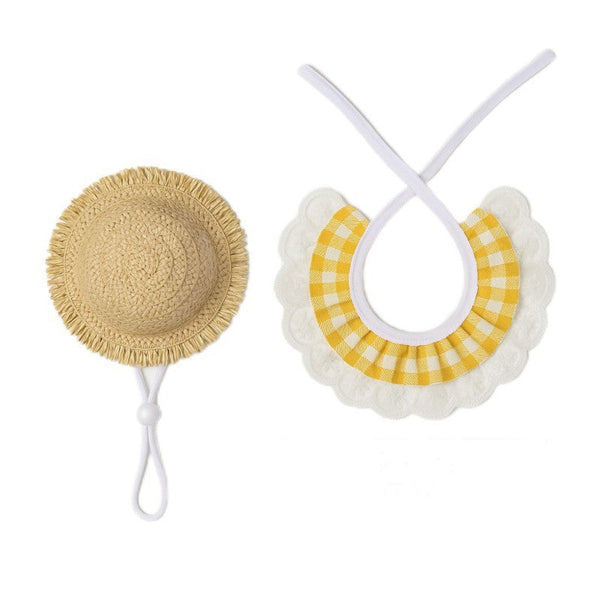 Khaki And Yellow 2 Sets Adorable Porch Goose Small Pet Costume Summer Straw Hat Gingham Bib Dog Clothing & Shoes