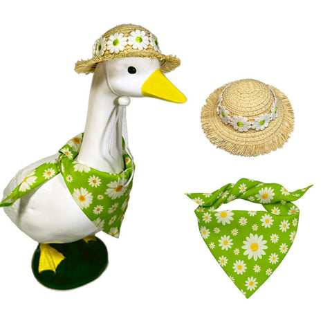 2 Sets Khaki And Green Daisy Delight Porch Goose & Small Pet Costume Summer Straw Hat Floral Bandana Dog Clothing & Shoes