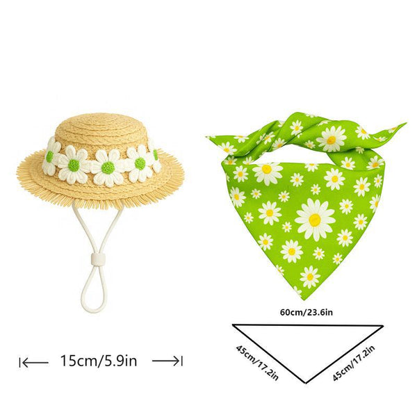 2 Sets Khaki And Green Daisy Delight Porch Goose & Small Pet Costume Summer Straw Hat Floral Bandana Dog Clothing & Shoes