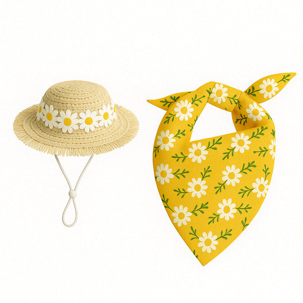2 Sets Khaki And Yellow Daisy Delight Porch Goose & Small Pet Costume Summer Straw Hat Floral Bandana Dog Clothing & Shoes