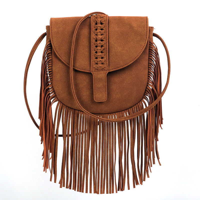 Brown Chic Bohemian Fringe Crossbody Bag Suede Look Pu Leather With Braided Detail & Adjustable Strap Women's Bags & Handbags