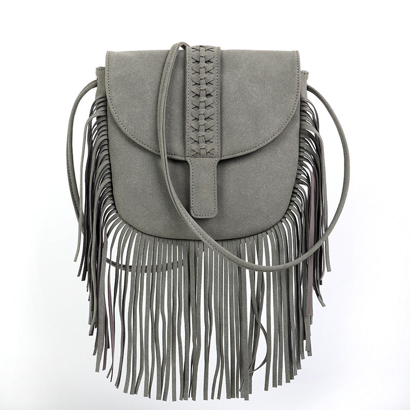 Grey Chic Bohemian Fringe Crossbody Bag Suede Look Pu Leather With Braided Detail & Adjustable Strap Women's Bags & Handbags