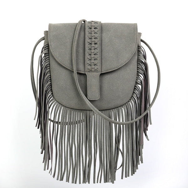 Grey Chic Bohemian Fringe Crossbody Bag Suede Look Pu Leather With Braided Detail & Adjustable Strap Women's Bags & Handbags