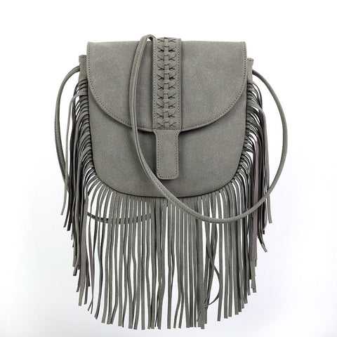 Grey Chic Bohemian Fringe Crossbody Bag Suede Look Pu Leather With Braided Detail & Adjustable Strap Women's Bags & Handbags