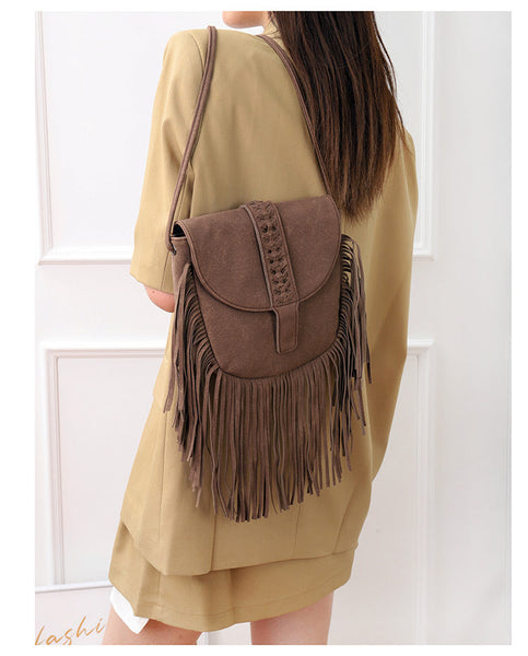 Coffee Chic Bohemian Fringe Crossbody Bag Suede Look Pu Leather With Braided Detail & Adjustable Strap Women's Bags & Handbags